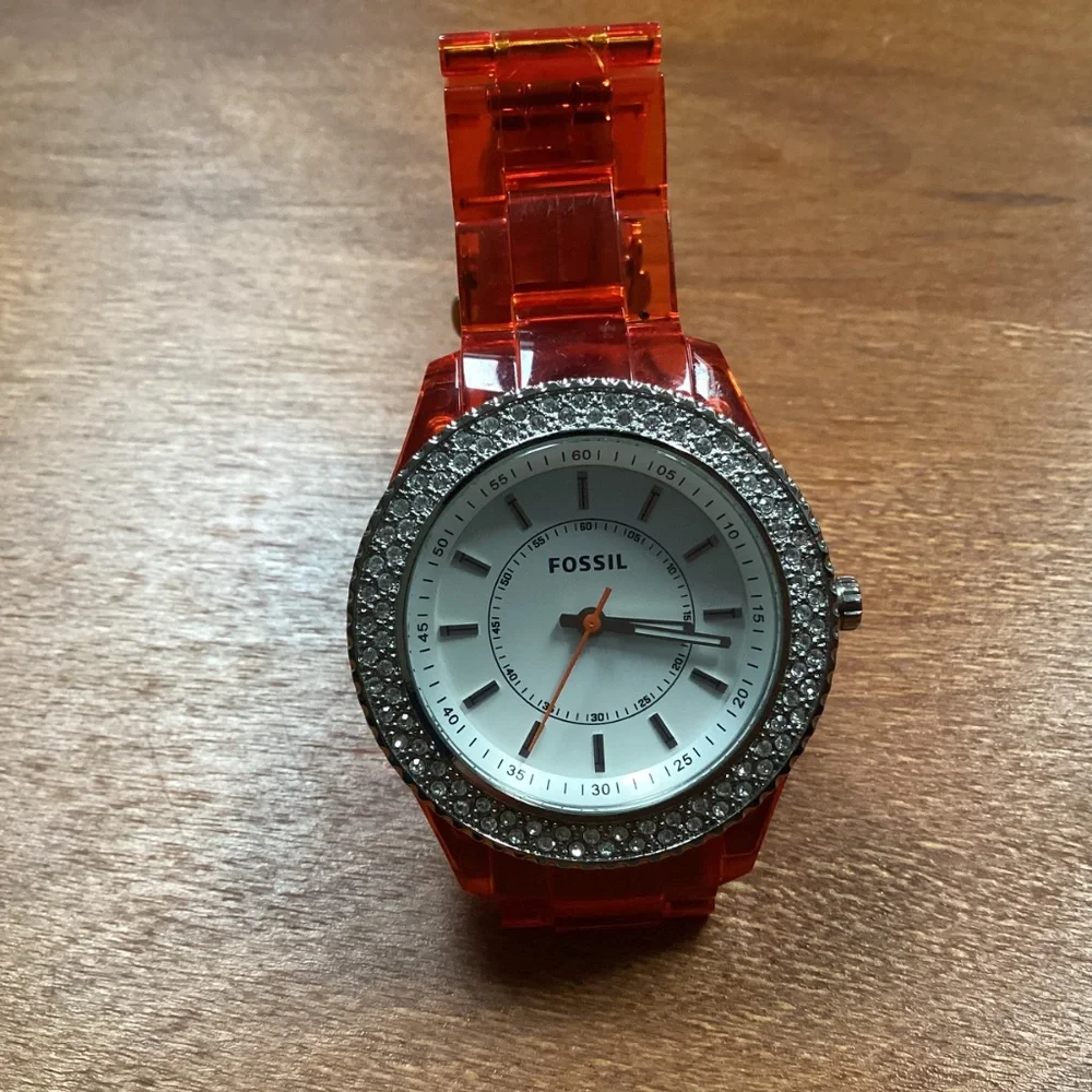 Fossil Stella Orange Acrylic Women’s Watch With Crystal Accented Bezel ES 2453